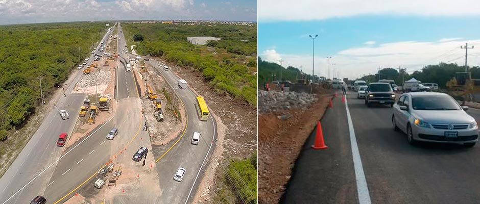 REABREN LA CARRETERA EN ZONA DE HUNDIMIENTO: Con pasos provisionales, se restablece el tránsito entre Cancún y Playa; siguen trabajos