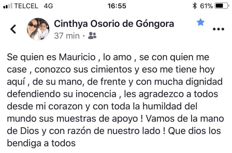 Confía Cinthya Osorio en que Mauricio saldrá libre