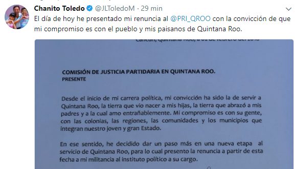 Renuncia Chanito Toledo al PRI