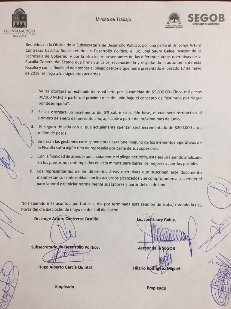 Logran acuerdo con Ministeriales