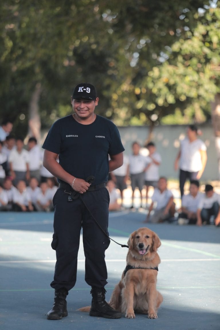 Unidad canina hace demostración en primaria de Playa del Carmen