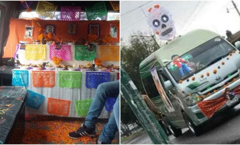 Hacen ofrenda de “Día de Muertos” en combi