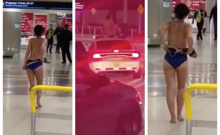 Video: Mujer se desnuda en pleno aeropuerto y luego se sube al techo de una patrulla