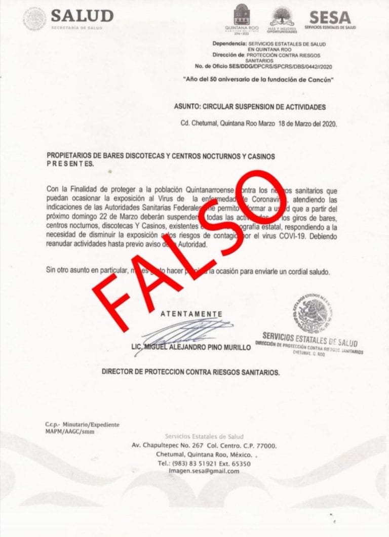 Circula FAKE sobre decreto de cierre de negocios por coronavirus