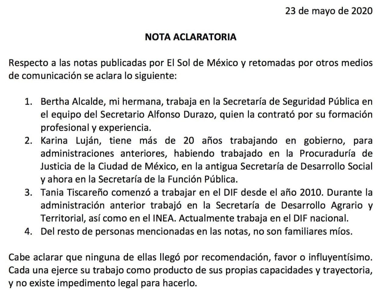Nota aclaratoria de Luisa Alcalde