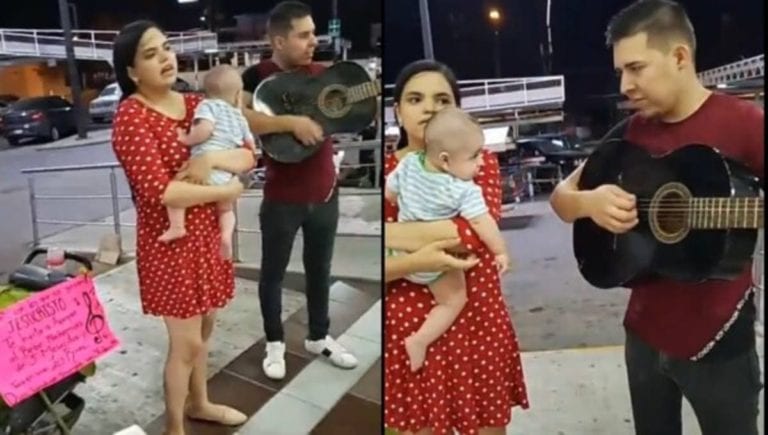 Joven pareja canta en supermercado para comprar leche a su bebé