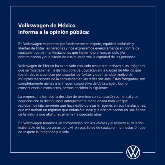 Comunicado en el que Volkswagen anuncia que rompe con esta agencia de autos de Coyoacán