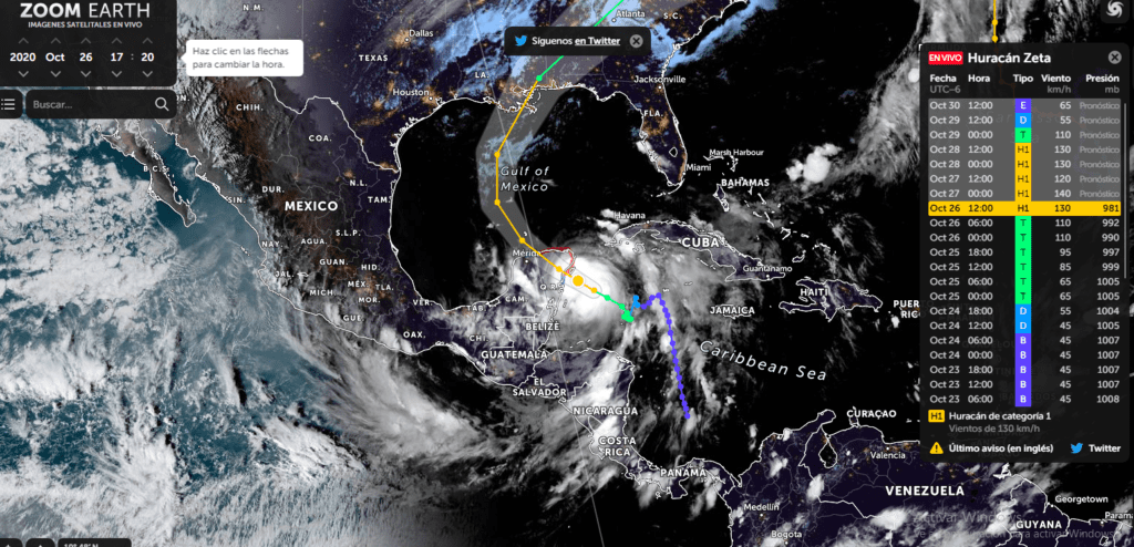 Se trata de esta página de Zoom Earth, donde podrás ver al movimiento y coordenadas de este fenómenos meteorológico.