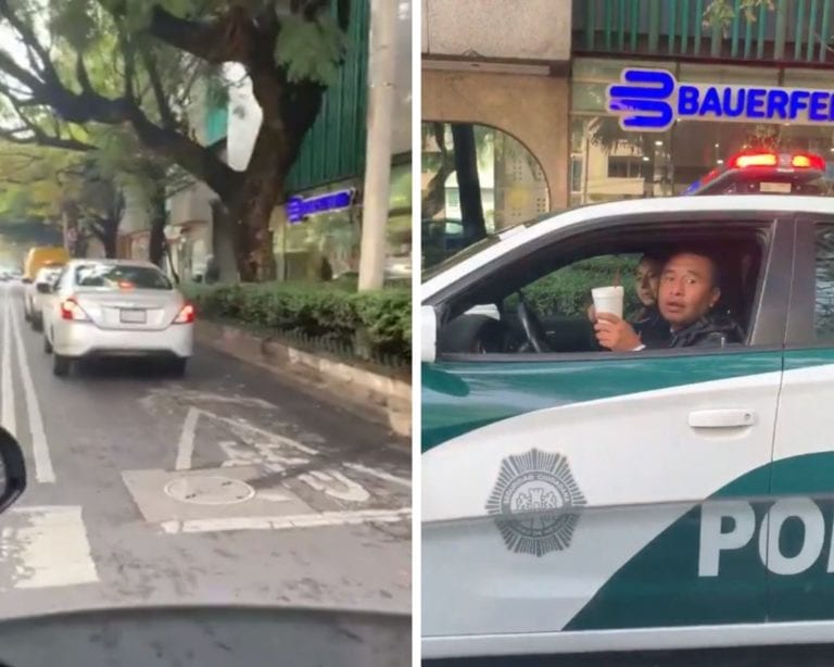 ¡Increíble! Policía se estaciona en carril exclusivo, le reclaman y se molesta por estar “desayunando”