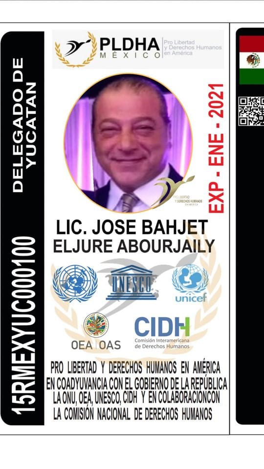 De forma muy problemática, tal vez incluso fraudulenta, Eljure Abourjaily posee una “credencial” fabricada por esta A.C., en donde colocan de forma prominente los sellos de la ONU, la Unesco, el Unicef, la OEA y el CIDH, sin que el PLDHA tenga algún convenio o representen a alguna de estas organizaciones.