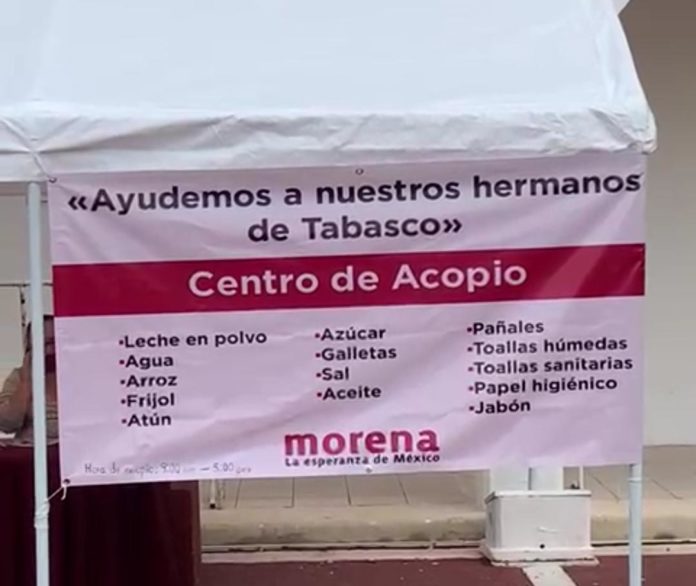 Morena instaló un centro de acopio para damnificados en Playa del Carmen, pero puso una lona con su logo, lo que sería delito electoral