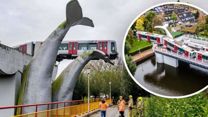 Metro se descarrila y una enorme escultura en forma de ballena lo salva