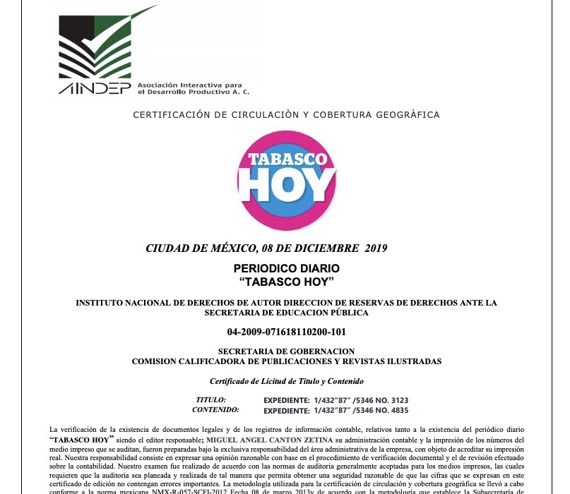 Documento que Quintana Roo Hoy usa como certificado pero que contiene incluso el logo del Tabasco Hoy