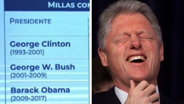 ¡George Clinton! Cambian de nombre en una diapositiva de la mañanera a Bill Clinton