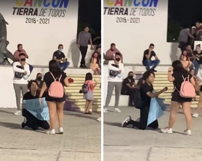 Se le declara a una chica en Cancún de rodillas en San Valentín, ella lo rechaza