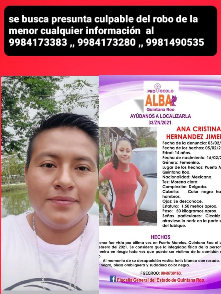 Familiares de la niña Ana Cristina Hernández Jiménez de 14 años de edad buscan a la presunta sustractora de la menor, desaparecida en Puerto Morelos desde el pasado 5 de febrero.