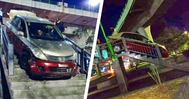 ¡México mágico! Taxista intenta cruzar puente peatonal… pero con todo y auto