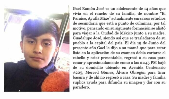 Se busca a Gael, un joven de Oaxaca que desapareció en la Ciudad de México; fue a presentar su examen de ingreso a preparatoria