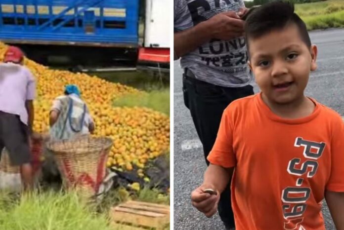 VIDEO: Niño prefiere pagar por las naranjas de un camión volcado que robarlas
