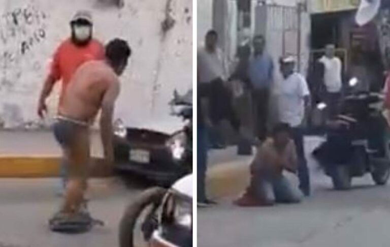 VIDEO: Pobladores golpean y desnudan a ladrón, luego lo hacen ir a la policía para que se entregue