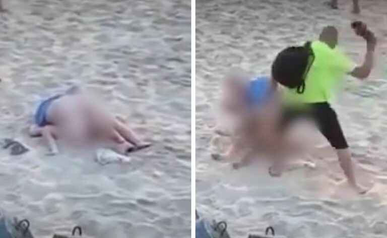 VIDEO: ¡A puro chanclazo! Hombre separa a pareja que hacía ‘el delicioso’ en la playa