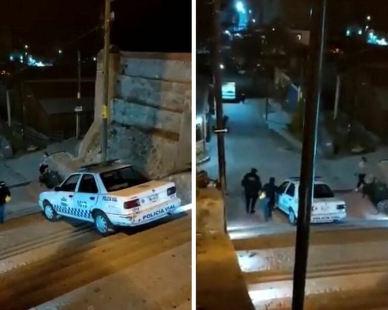 VIDEO: Captan a policía ebrio bajando la patrulla por unas escaleras en Oaxaca