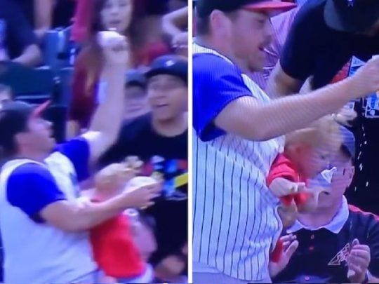 ¿Papá del año? Atrapa una pelota en el aire mientras sostiene a su bebé y una cerveza