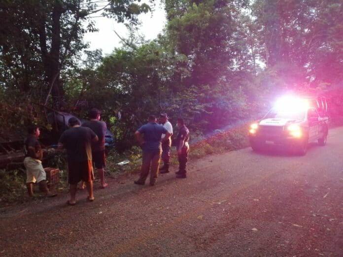 Camioneta de pollos cae en bache y se sale del camino