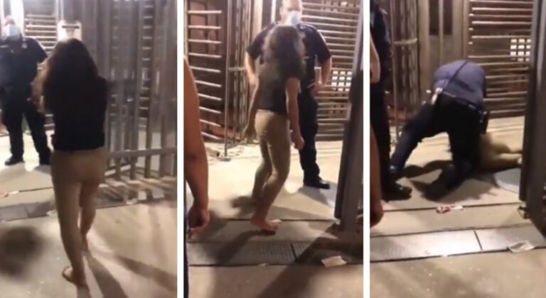 Mujer le escupe a un agente migratorio en Mexicali y termina en el suelo