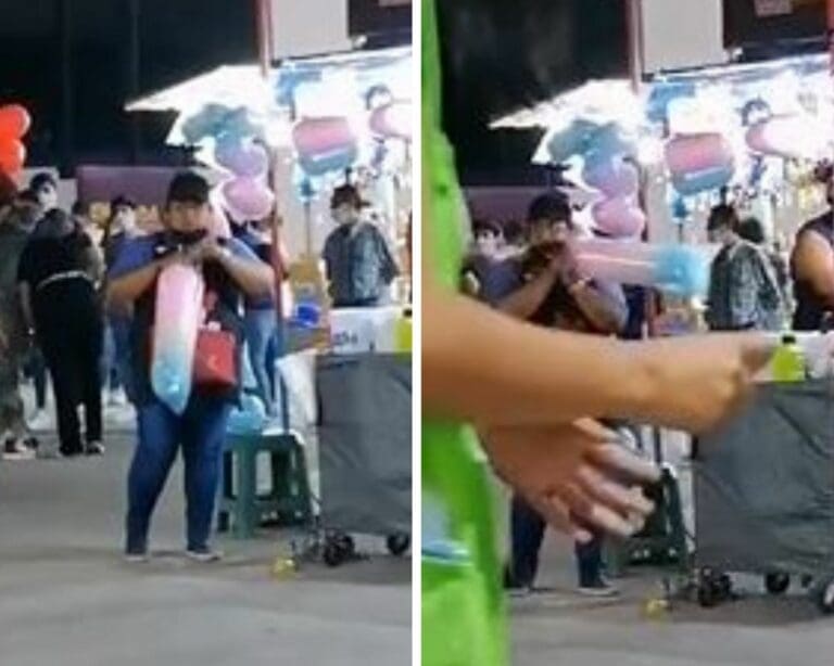 VIDEO: Vendedora se quita el cubrebocas para inflar bolsas de algodón de azúcar