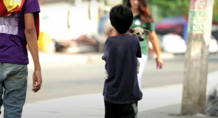 Niño abandonado duerme en la calle con su perrito adoptado