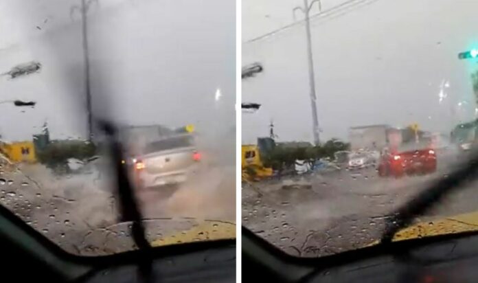 VIDEO: ¡Qué peligro! Captan a vehículos cruzando en medio de las inundaciones en Querétaro