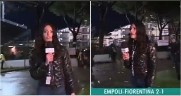 Un sujeto le dio una nalgada a una periodista italiana mientras reportaba en vivo lo que ocurría al final de un partido de futbol. Foto: Captura de video