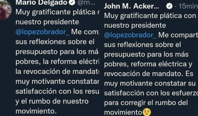 Tanto Mario Delgado comon John Ackerman se reunieron con AMLO; lo que más llamó la atención es que ambos pusieron el mismo tuit.