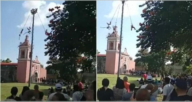 ¡Qué peligroso! Un volador de Papantla cayó mientras llevaba a cabo su espectáculo en Huaquechula con motivo del Día de Muertos.