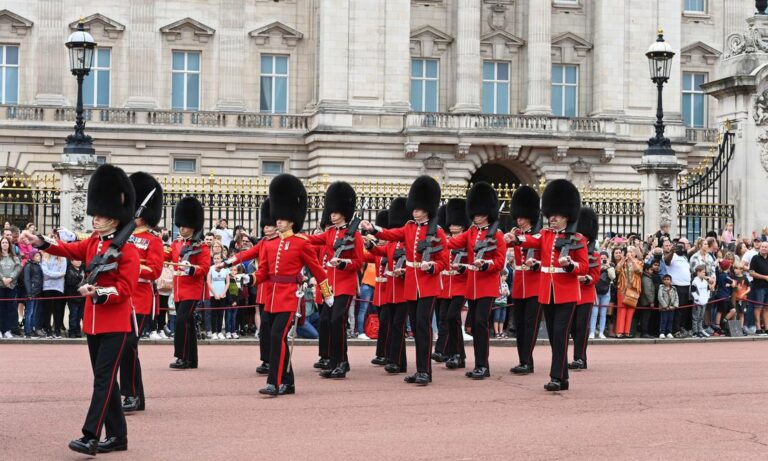 Guardia de la reina Isabel II derriba a un niño distraído frente a la Torre de Londres
