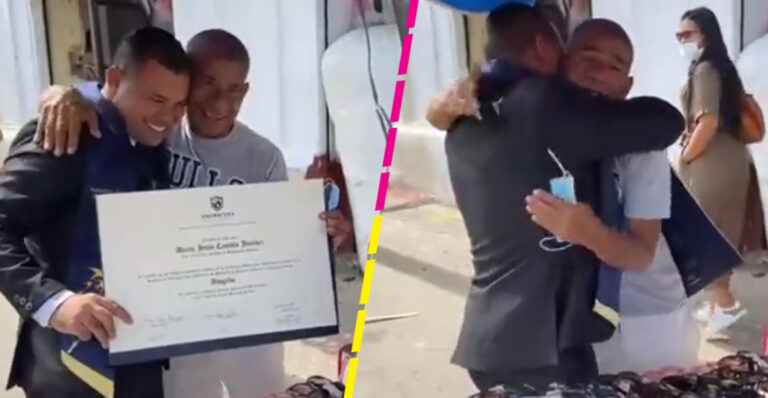 Joven dedica título de abogado a su papá en el puesto del mercado donde trabaja