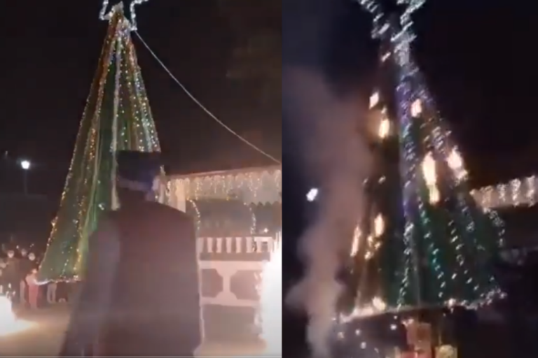 Viral: Árbol de Navidad se prendió en llamas durante tradicional encendido en Tula