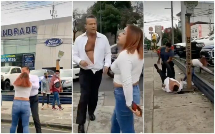 Alfredo Adame se pelea contra mujer en la calle y termina en el suelo dos veces