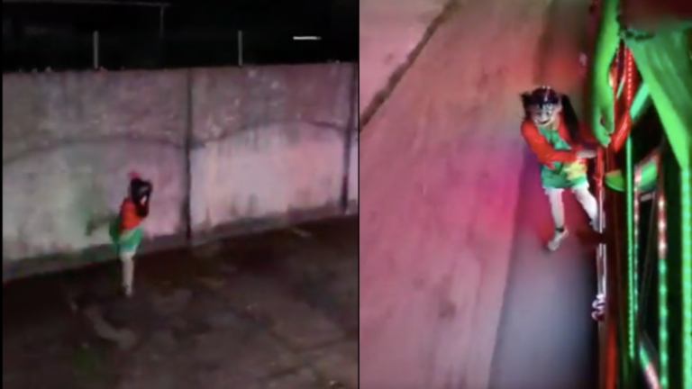 VIDEO: Terrorífica ‘Chilindrina’ brinca de un camión en marcha y da una pirueta 