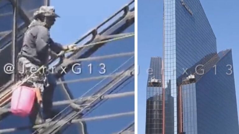 VIDEO: Captan a trabajador usando solo una cuerda mientras limpia cristales de un edificio