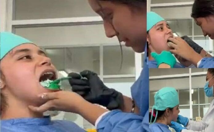 Estudiante de odontología coloca un molde al paciente y se le queda pegado en los dientes