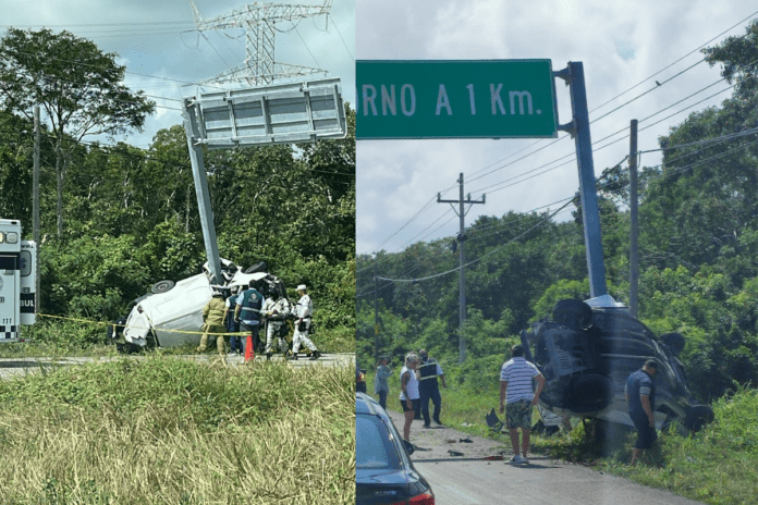 Camioneta se dobla dos en la carretera Cancún-Puerto Morelos