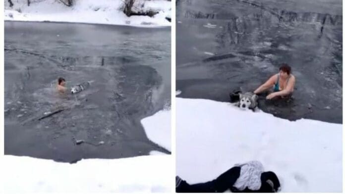 VIDEO Mujer salta a río congelado para rescatar a un perrito