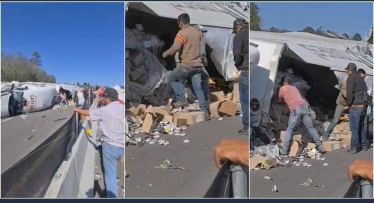El chofer de un tráiler murió tras volcarse su unidad; la gente llegó a la rapiña pero nadie ayudó al lesionado cuando seguía con vida. Foto: Captura de video