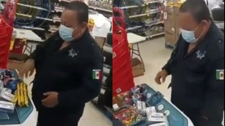VIDEO Sorprenden a policía robando en supermercado