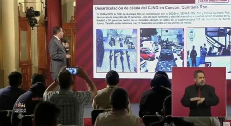Las autoridades federales resaltaron el trabajo de la Fiscalía de Quintana Roo al detener a una célula del CJNG la semana pasada. Foto: Captura de video