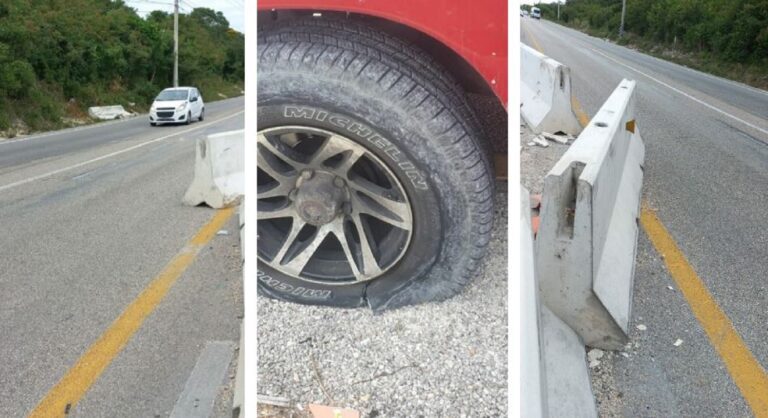 VIDEO: ¡Llanta deshecha! Peligro en barreras de obras del Tren Maya