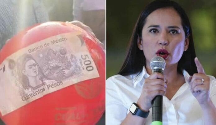 Sandra Cuevas aventó pelotas que tenían billetes pegados. Y lo peor es que aunque hay video de todo, dice que es mentira. Foto: Aristegui Noticias