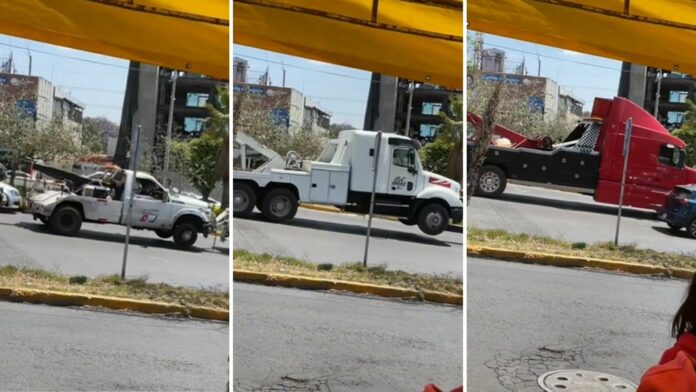 VIDEO: Captan a tres grúas moviendo una camioneta y se vuelve viral